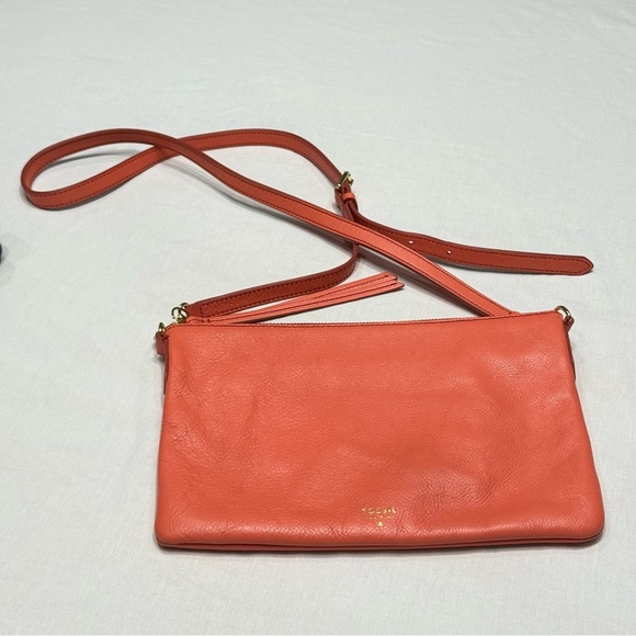 Fossil Handbag Crossbody Bag Coral Pink Leather Slim Zip - Picture 1 of 8